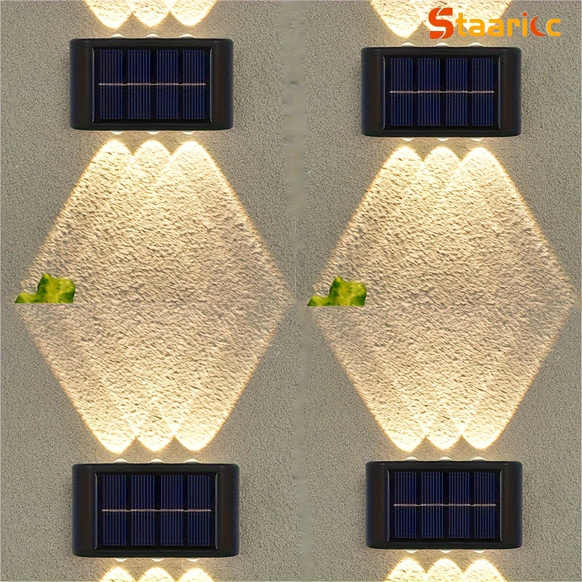 Solar wall lights on a textured wall with 'Staaric' branding.