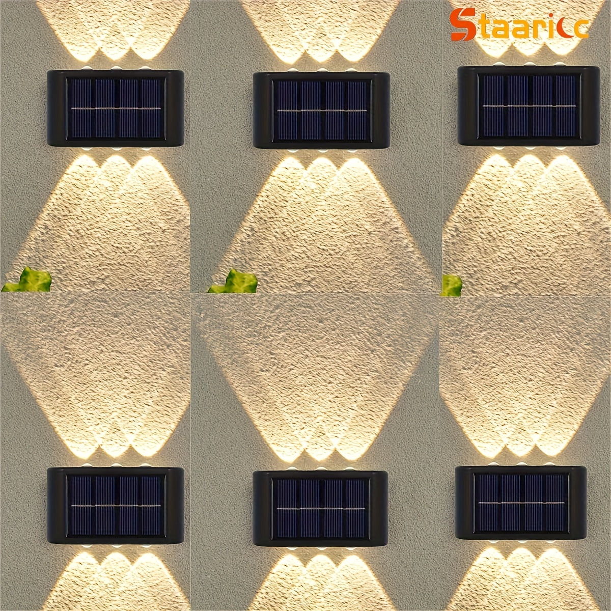 Solar wall lights on a textured wall with StaariCo branding.