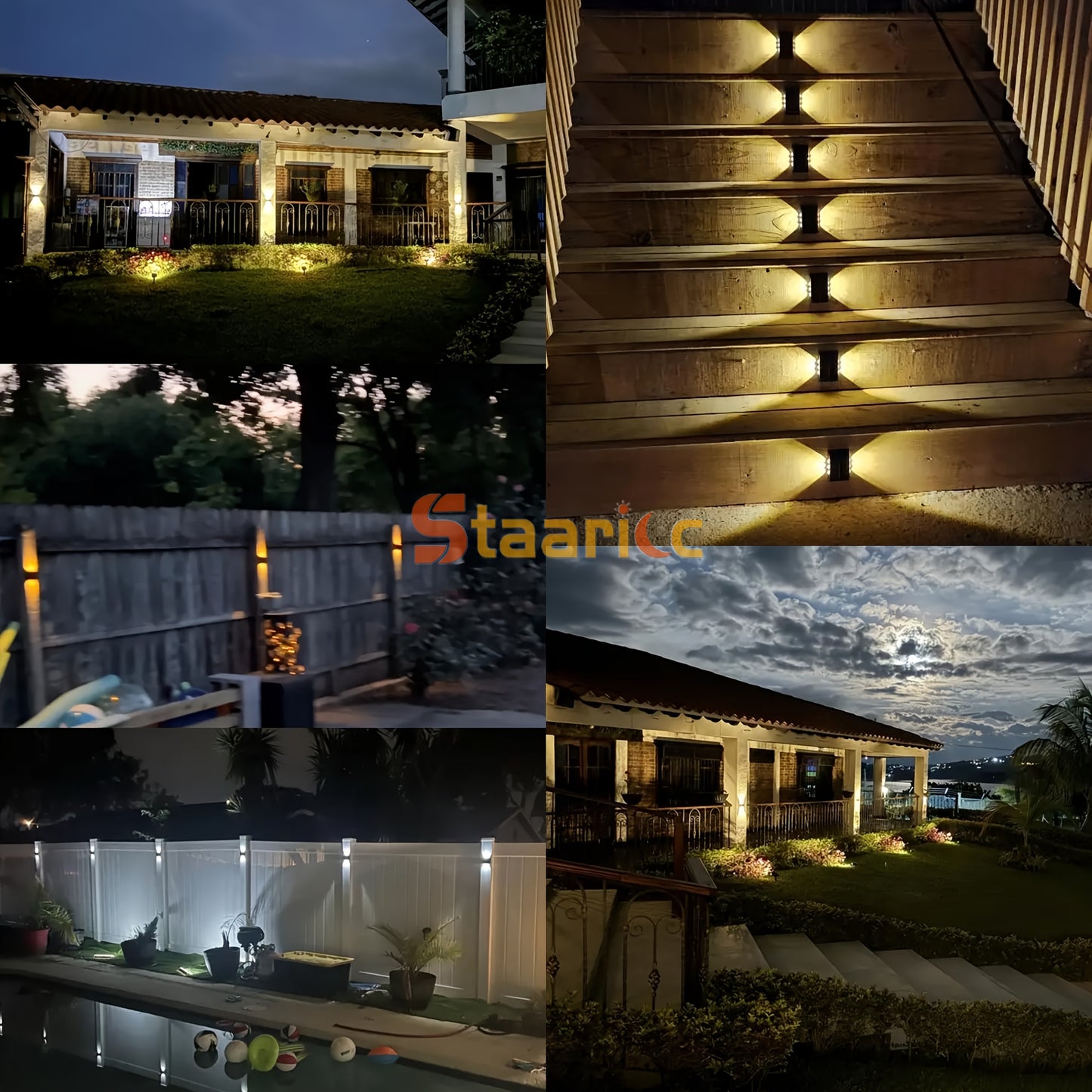 Collage of outdoor lighting fixtures with 'Staari' branding.