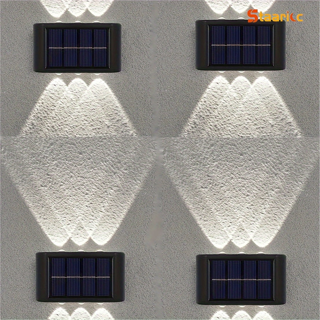 Four solar-powered wall lights on a textured wall with 'Staernic' branding.