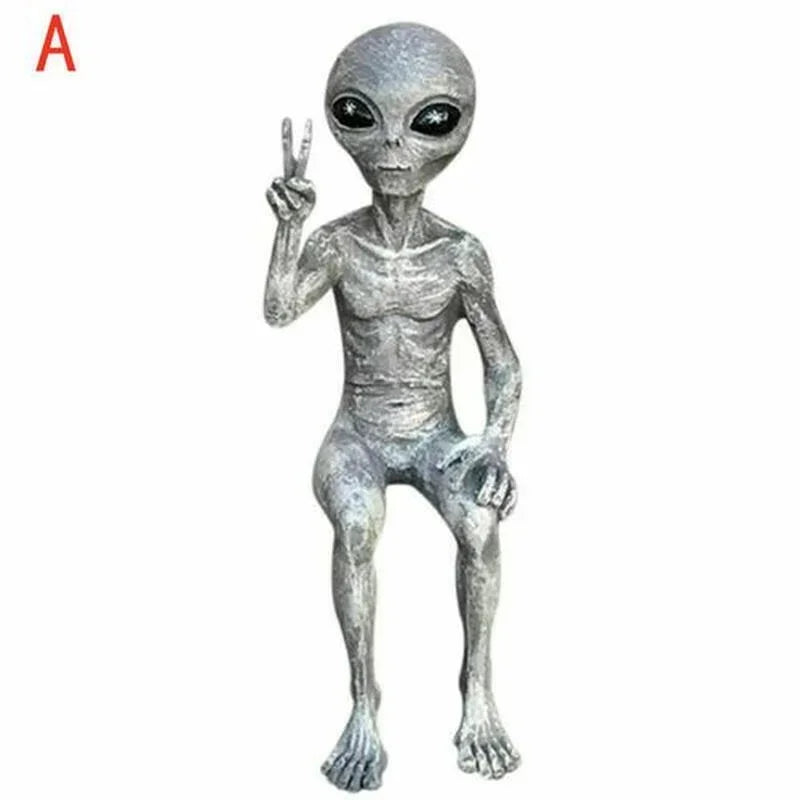 Alien figure making a peace sign on a white background