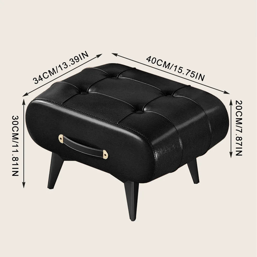 Black leather ottoman with dimensions indicated on a beige background