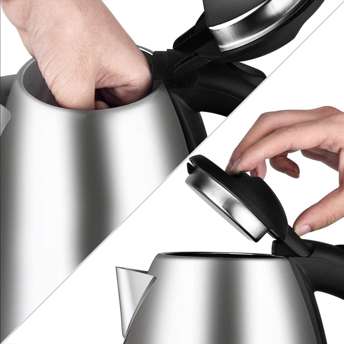 Collage of a person opening a modern stainless steel kettle with black handle.