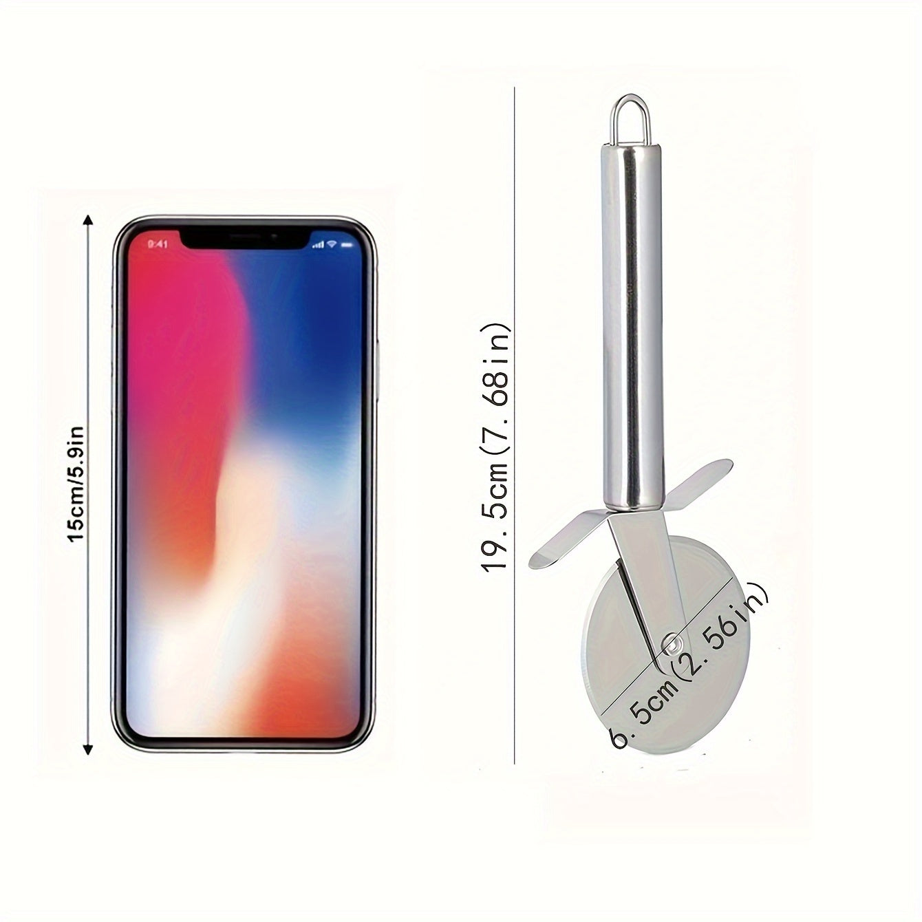 Measurement chart comparing a smartphone and a pizza cutter on a white background