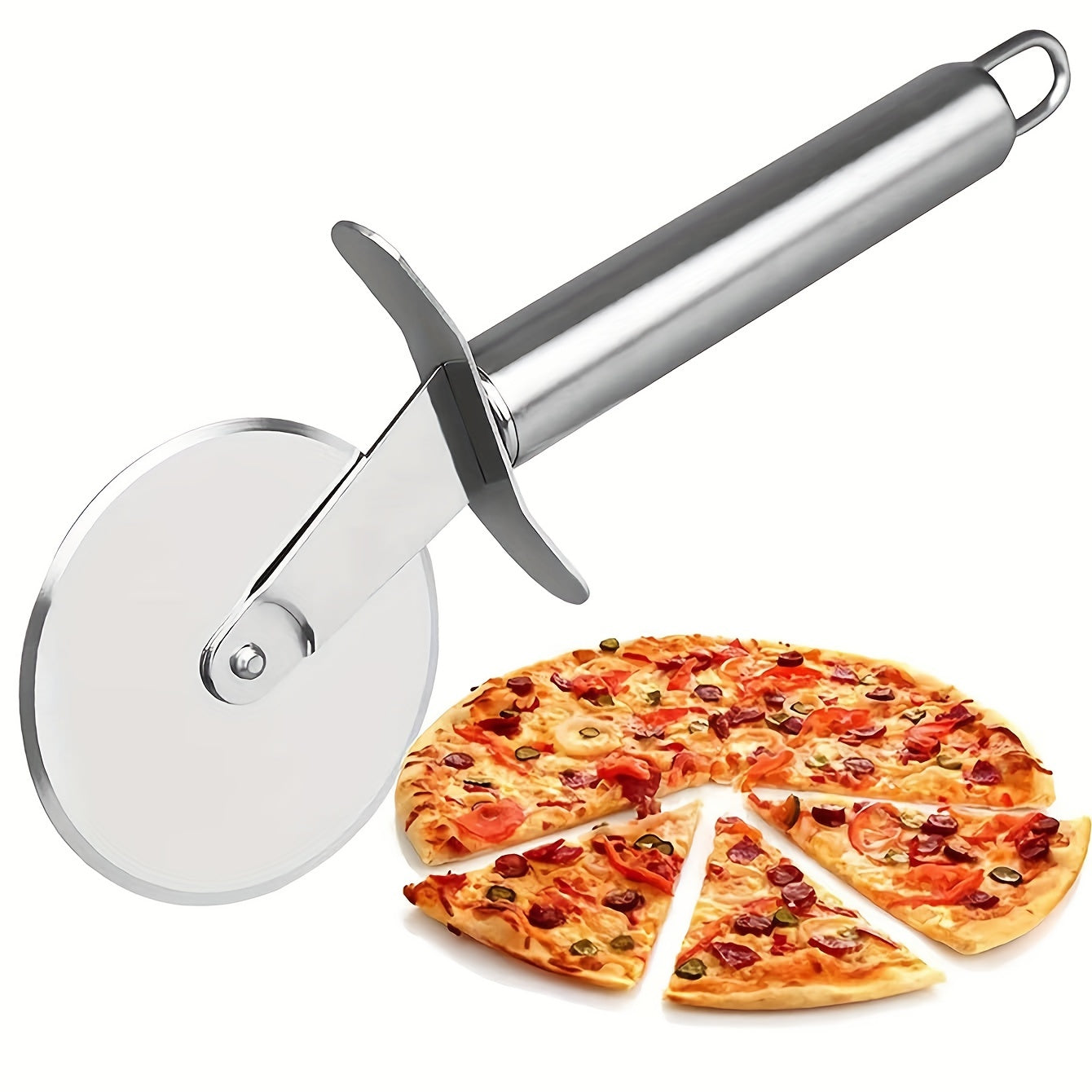 Stainless steel pizza cutter next to a sliced pizza on a white background