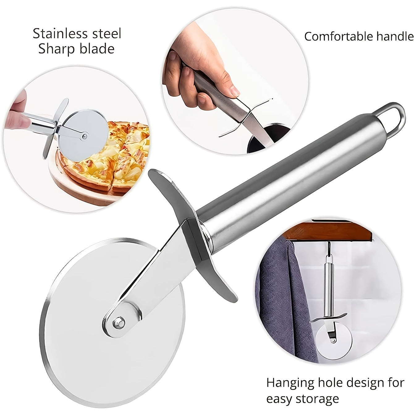 Stainless steel pizza cutter with features highlighted on a white background