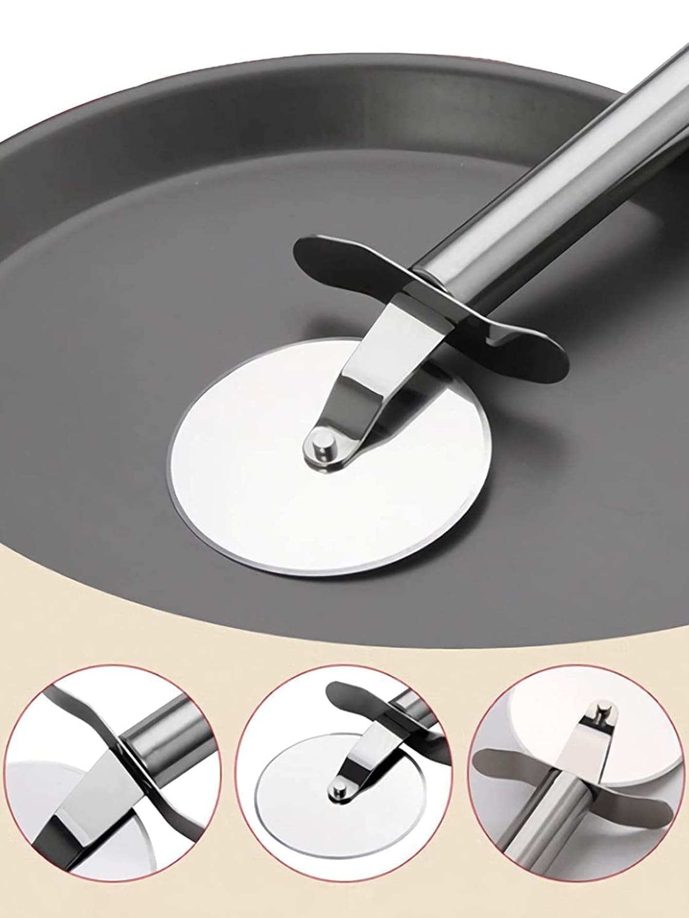 Metal pizza cutter on a gray pan with close-up insets showing different angles.