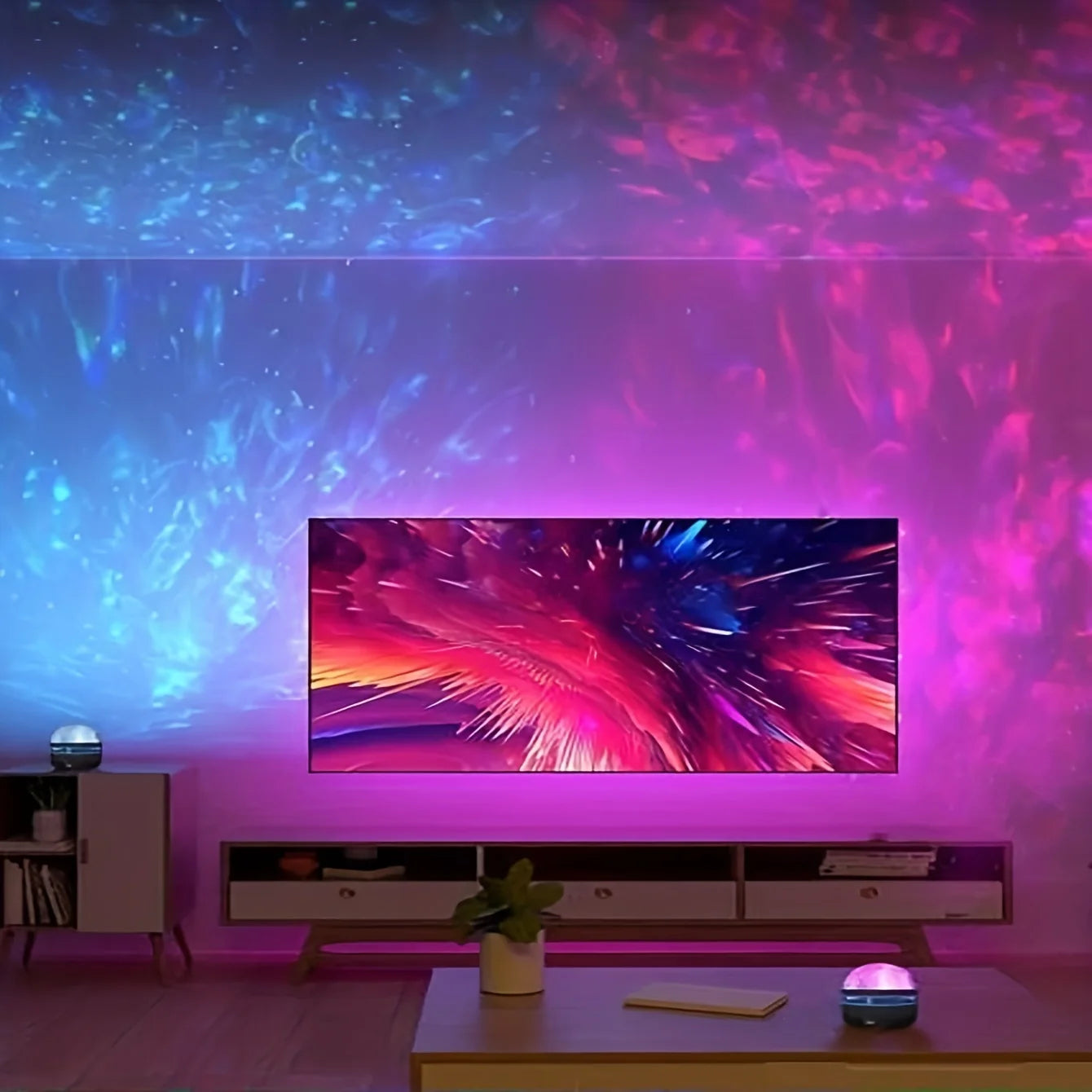 Living room with a large TV displaying colorful abstract art, surrounded by decorative items.