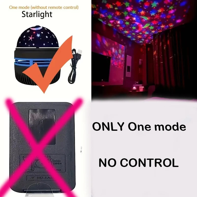 Light projector with starlight mode and control panel, showing colorful ceiling lights in a room.
