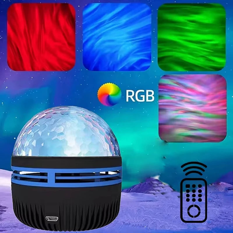 Disco light with RGB color options and remote control on a colorful background