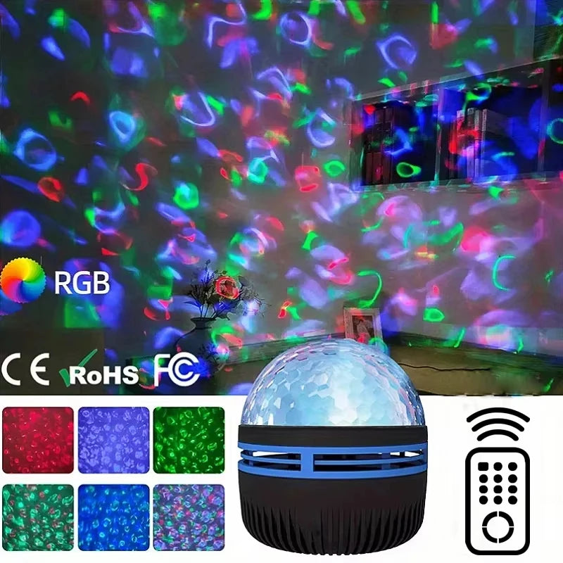 RGB disco ball projector with colorful patterns on a wall, surrounded by decorative elements.
