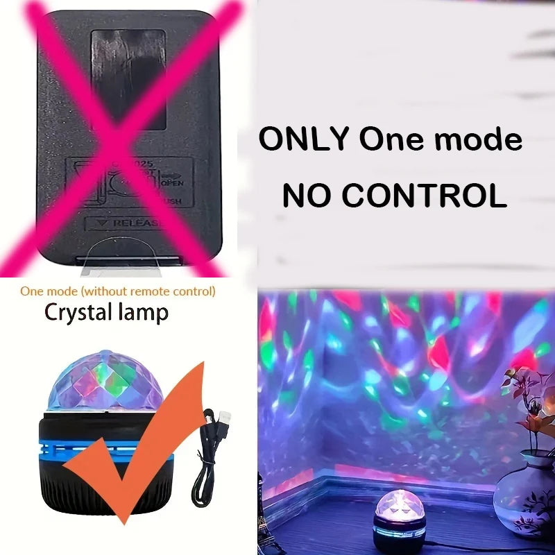 Comparison of a crystal lamp with limited control and a colorful disco light with remote control.