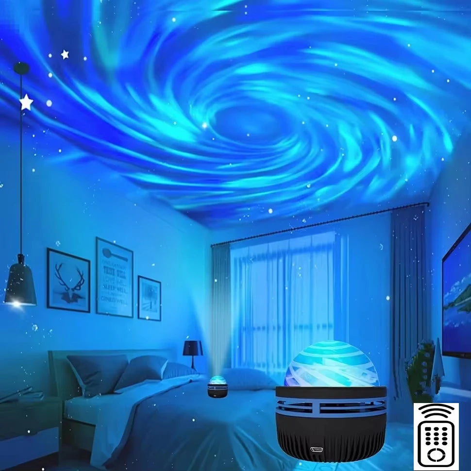 Room with starry night sky projection on ceiling, featuring a projector on floor.