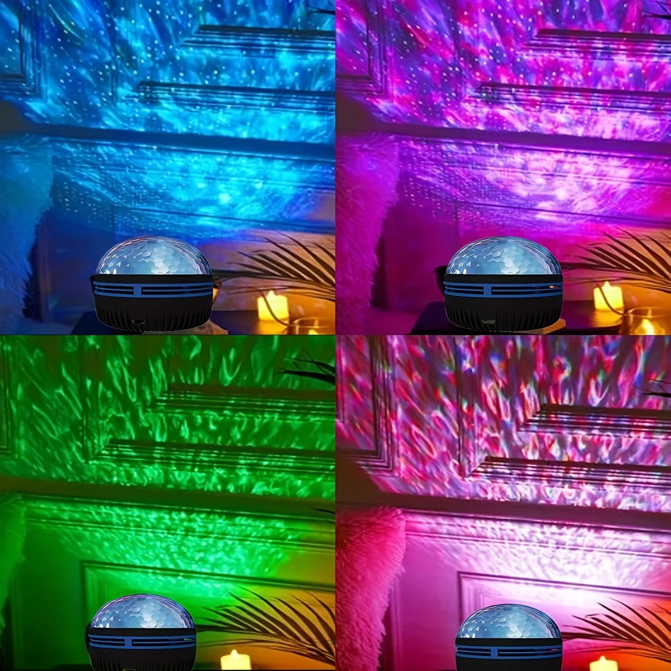 Collage of a disco ball changing colors on a ceiling with a candle in the background.