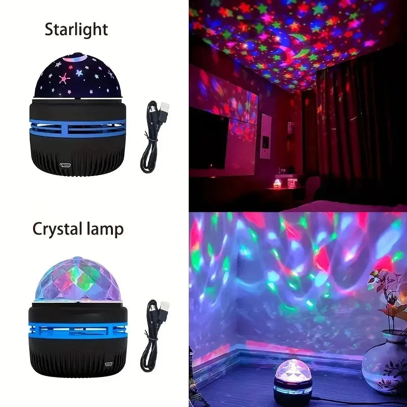 Starlight and crystal lamp with colorful projections on ceiling and walls.