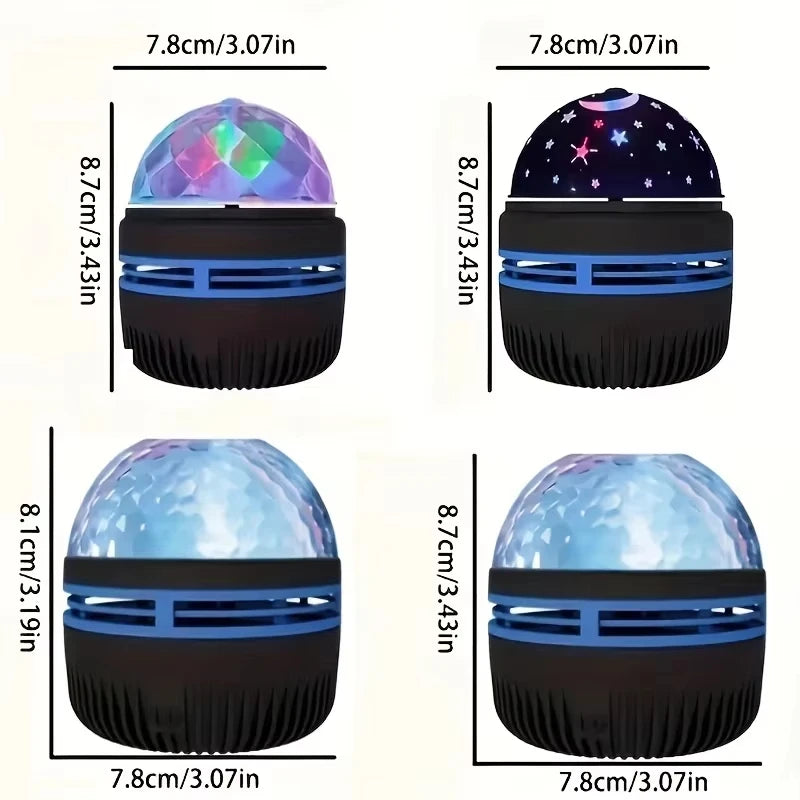 Four colorful ball lights with measurements on a white background