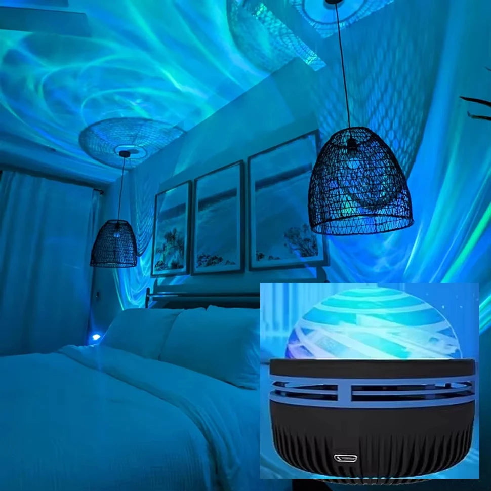 Room with colorful ceiling lights and a projector emitting light onto the wall.