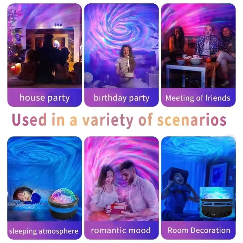 Collage of images showing different uses of a product including house party, birthday party, meeting of friends, sleeping atmosphere, romantic mood, and room decoration.