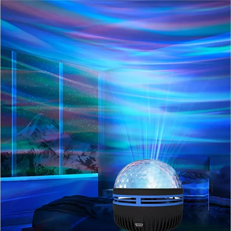Colorful light projector in a room with projected starry sky