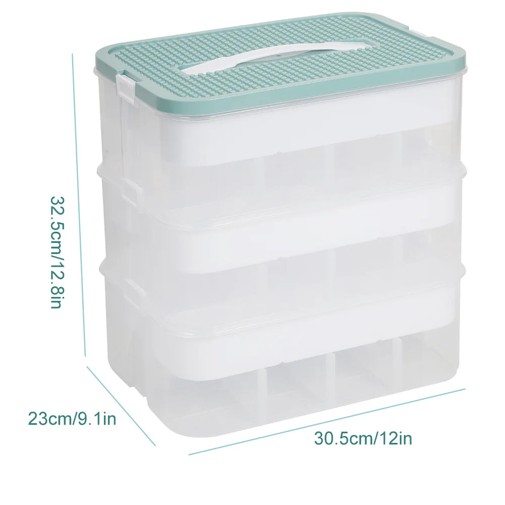 Rectangular storage container with a green lid and dimensions displayed