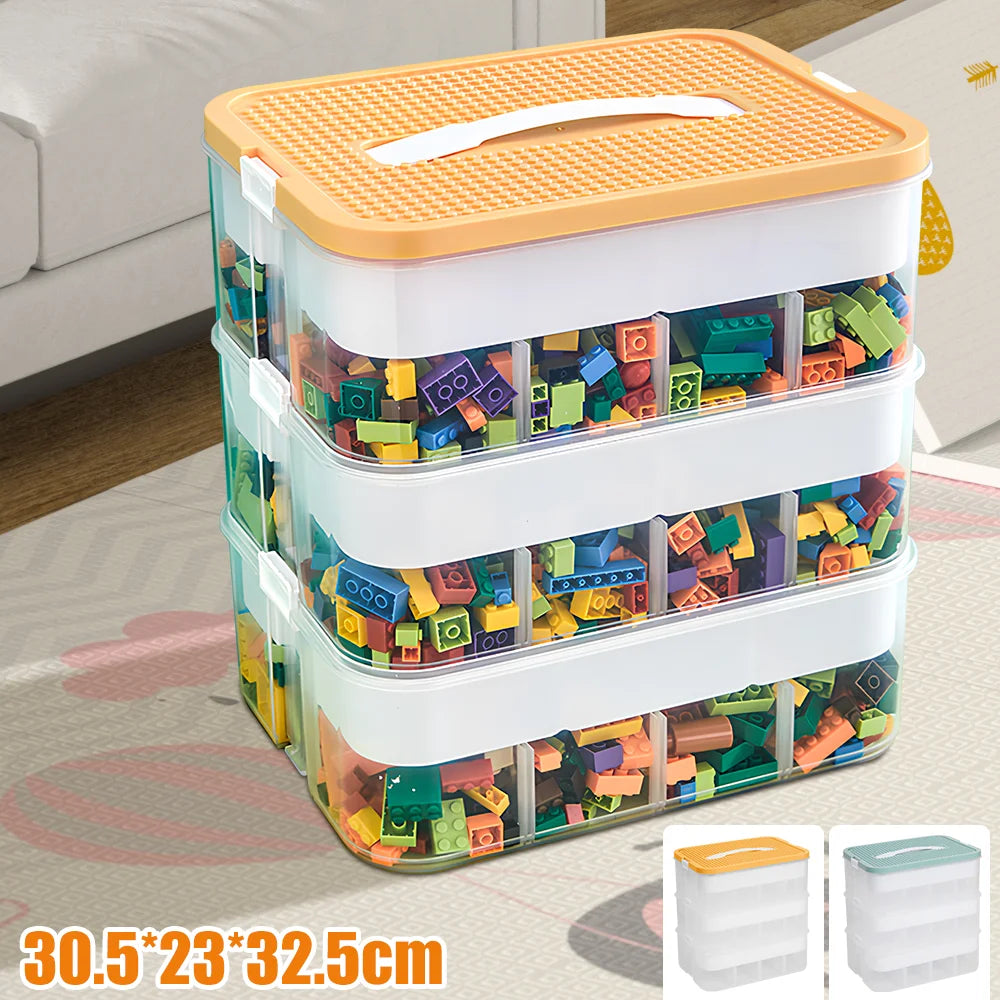 Stackable storage bins with colorful building blocks on a carpeted floor.