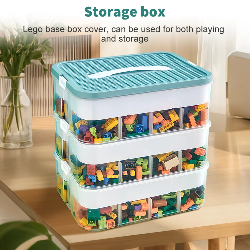 Stackable storage box with colorful Lego pieces on a wooden table.