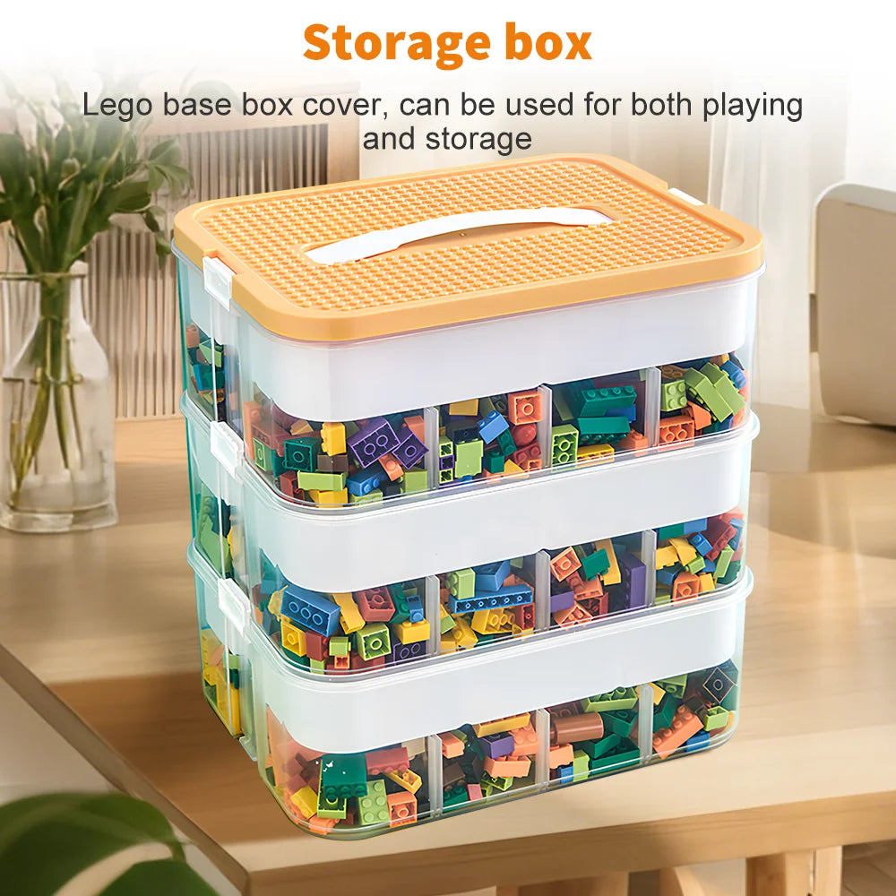 Storage box with colorful Lego blocks on a wooden table