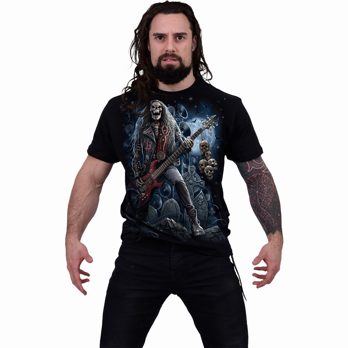 Grim Rocker T-Shirt Black Skeleton Guitarist Graphic 100% Cotton Tee Rock Metal