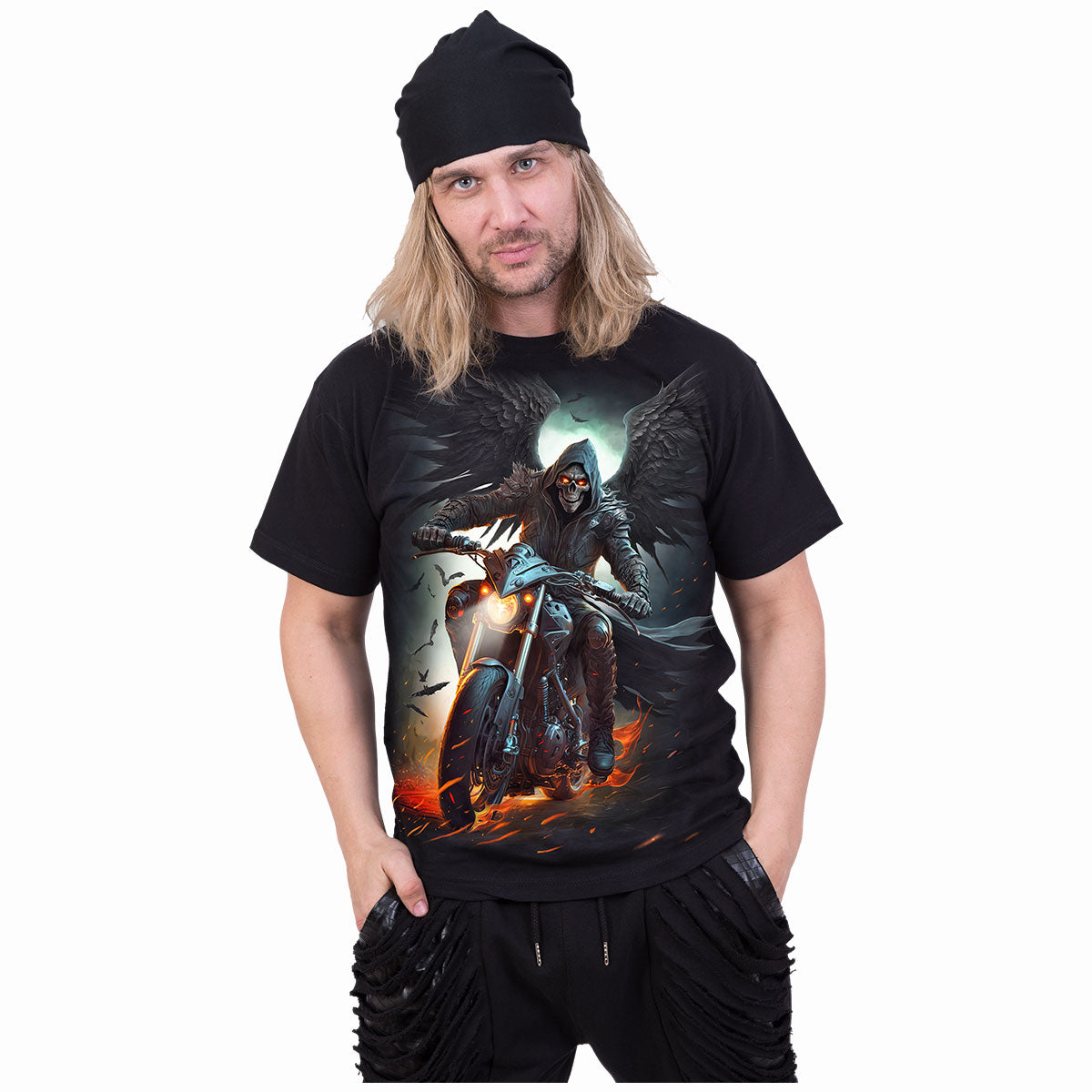 Night Rider T-Shirt Black Grim Reaper Motorcycle Graphic 100% Cotton Tee Skull