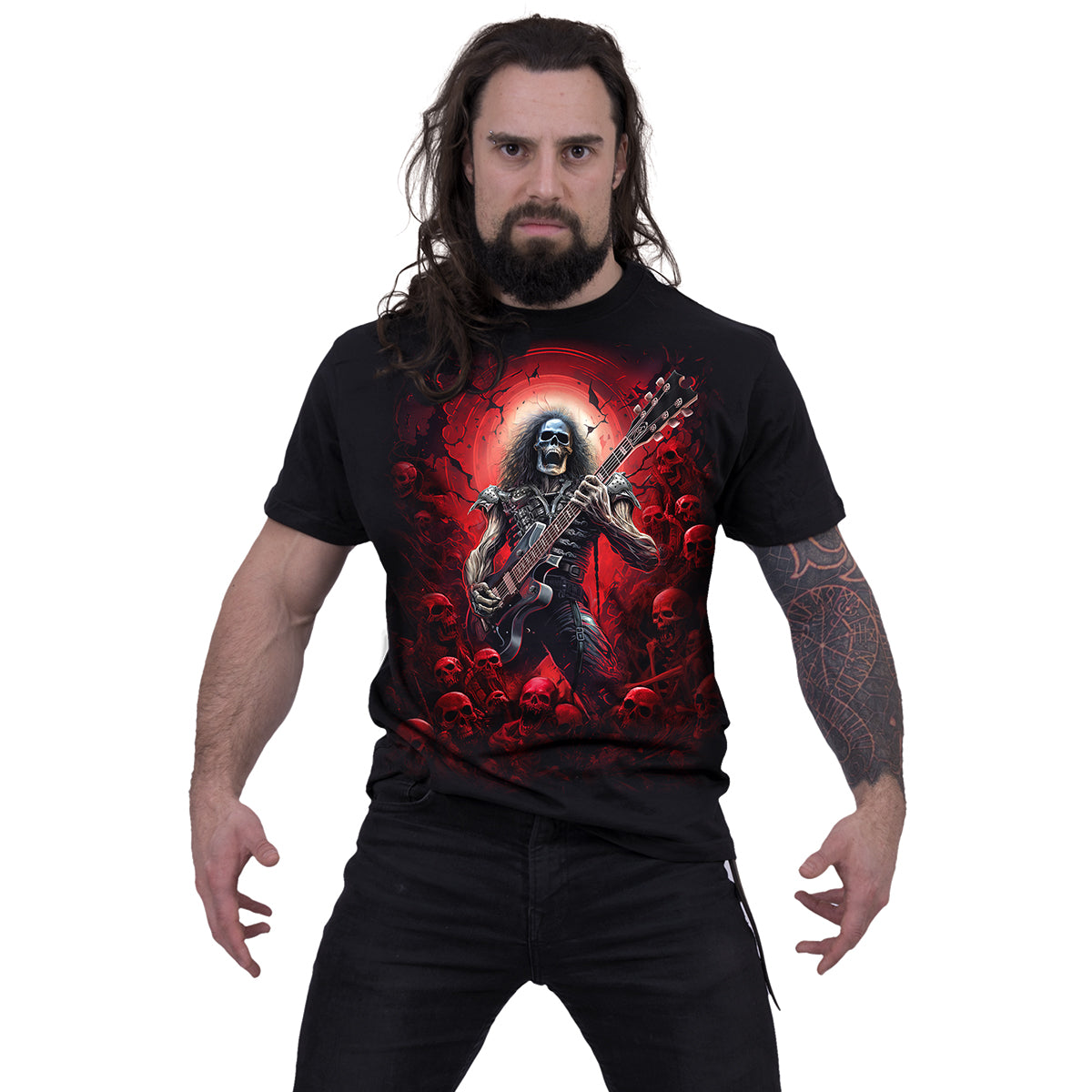 Tomb of Rock T-Shirt Black Heavy Metal Skeleton Guitar Graphic Cotton Tee Shirt