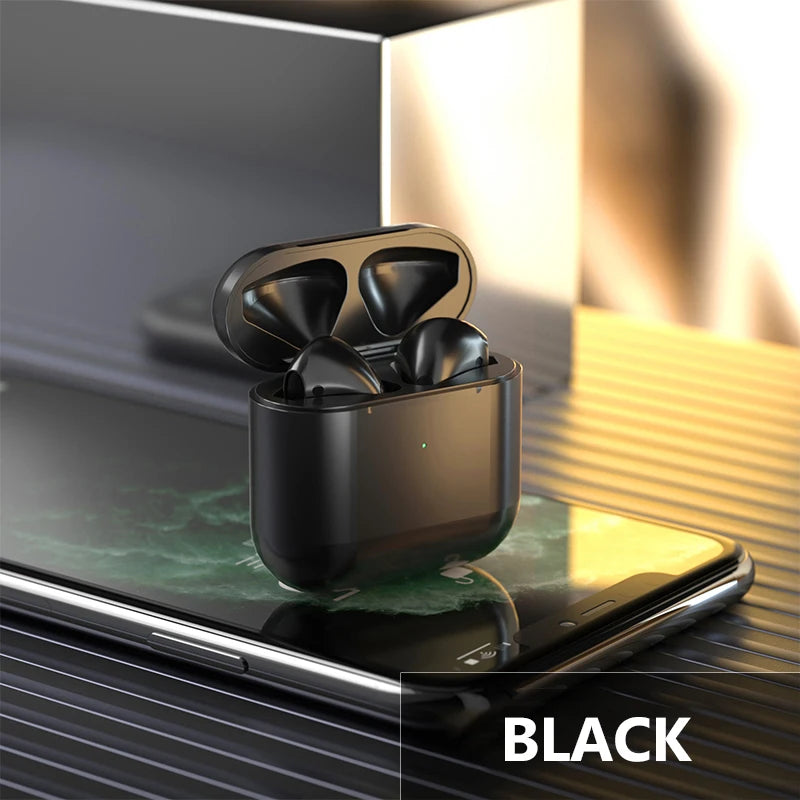 Black wireless earbuds in charging case on a reflective surface with smartphone