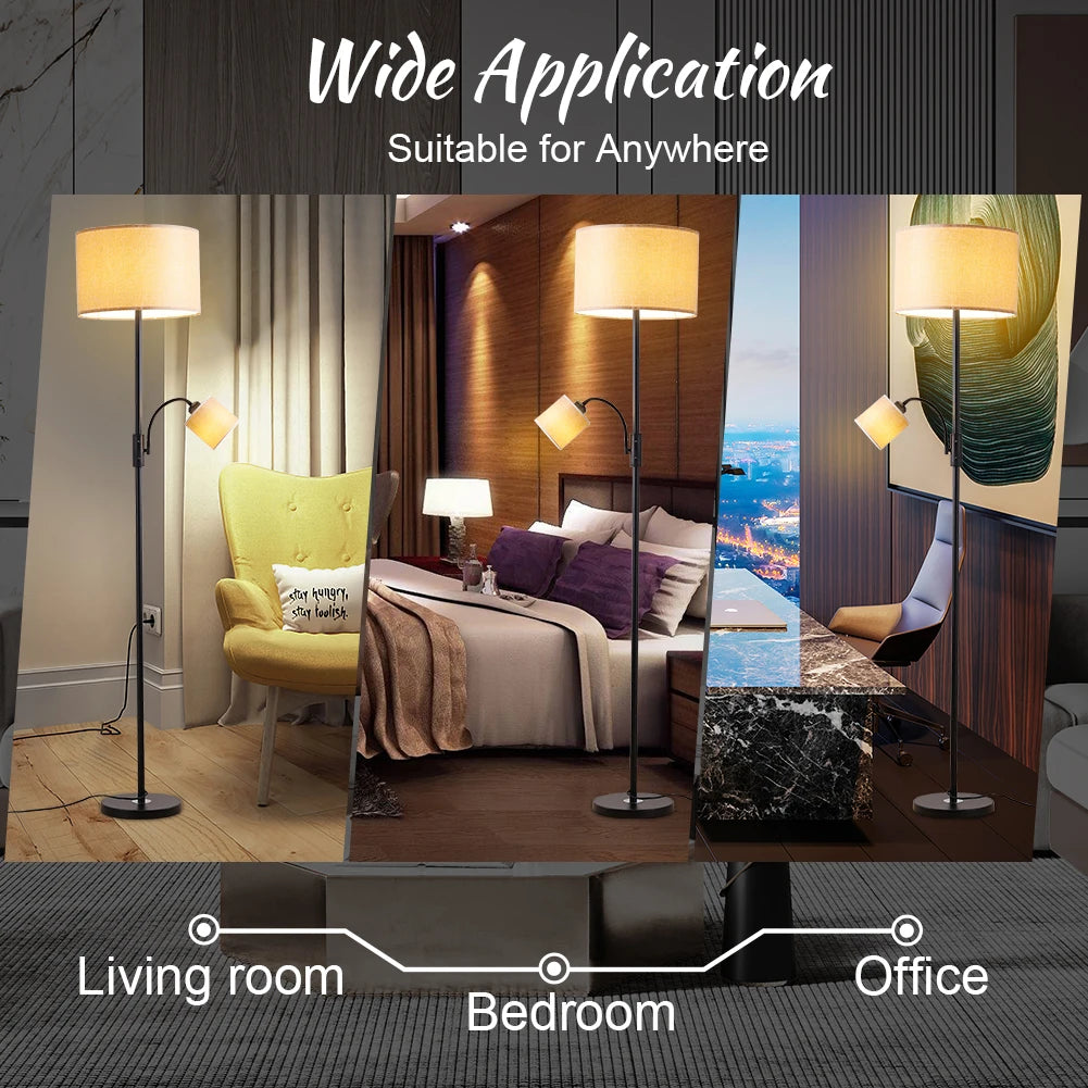 Floor lamp with wide application suitable for living room, bedroom, and office settings.