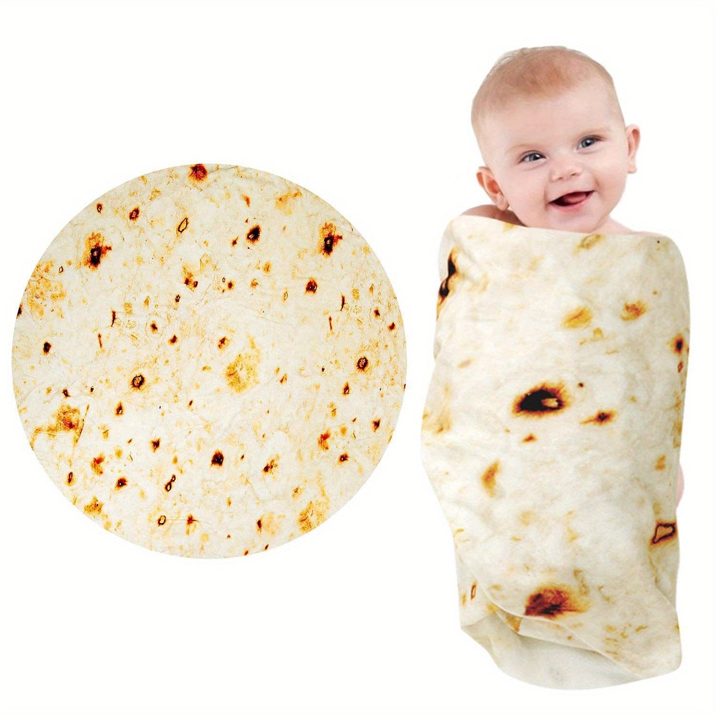 Baby wrapped in a tortilla with a close-up of a tortilla on a white background