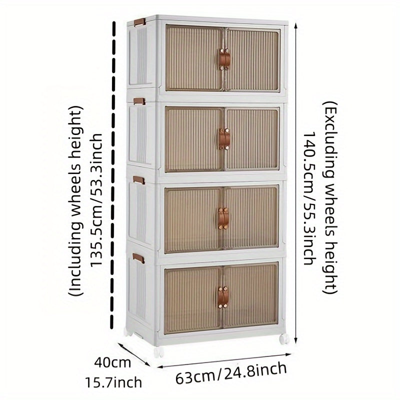 Dimensions of a storage cabinet with wheels on a white background