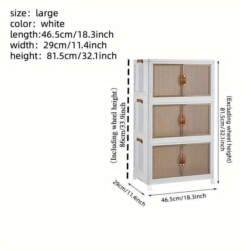 White storage cabinet with dimensions displayed on a white background