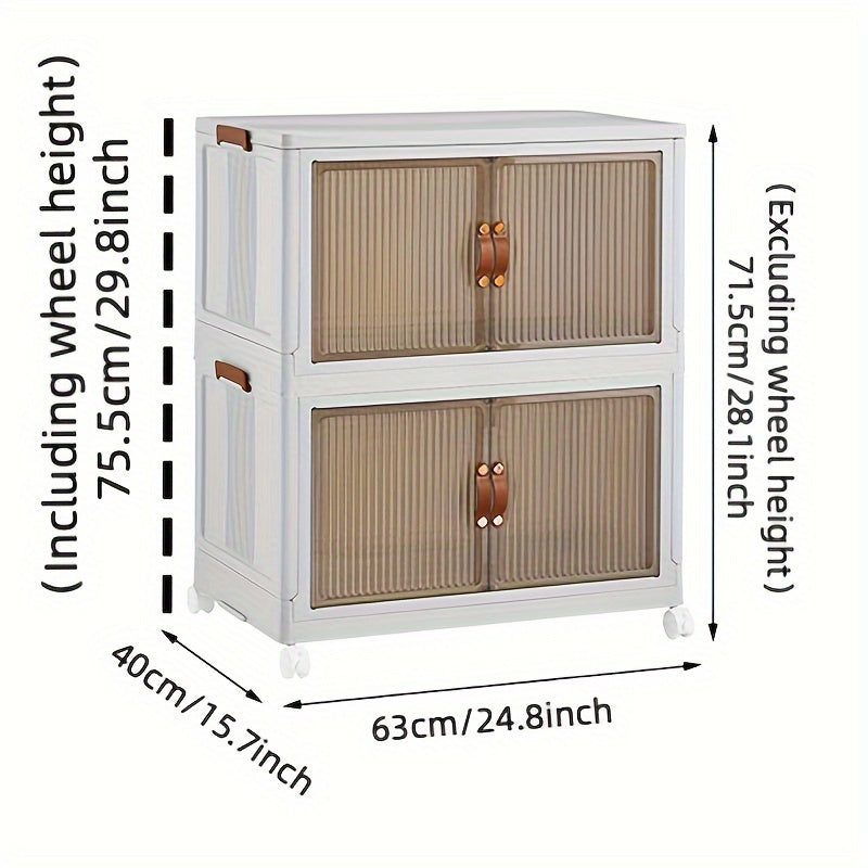 White storage cabinet with rattan doors and wheels, shown with dimensions on a white background.