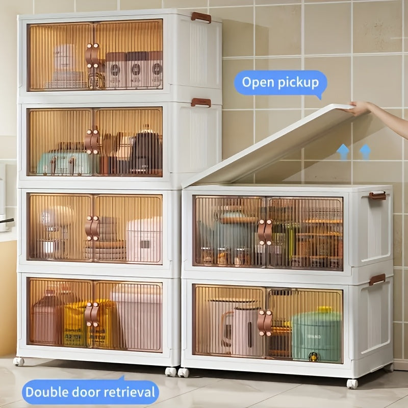 Stackable storage units with transparent doors on a tiled floor.