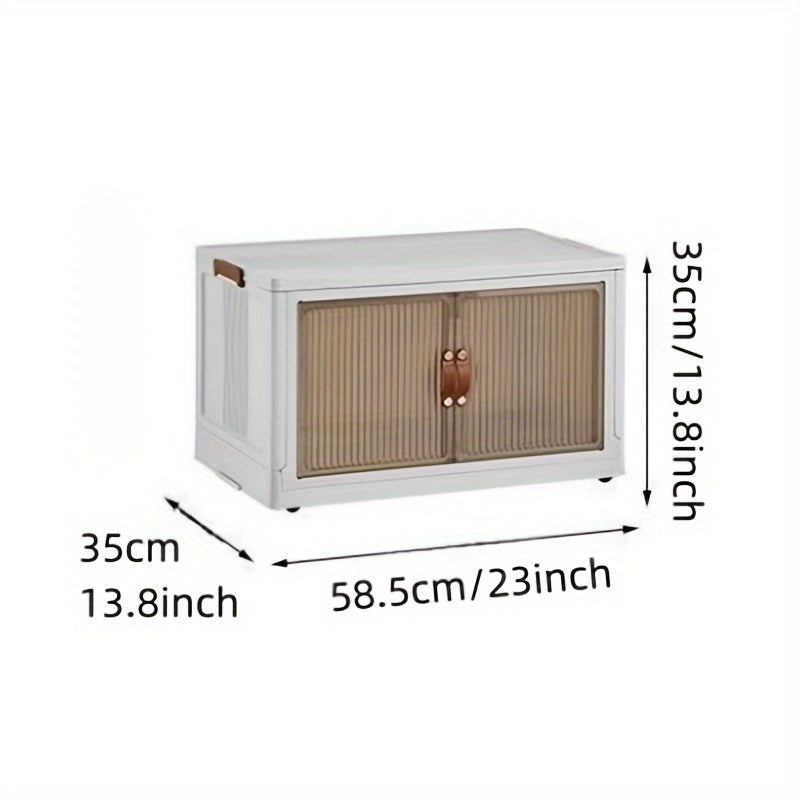 White cabinet with wooden doors and dimensions labeled on a white background