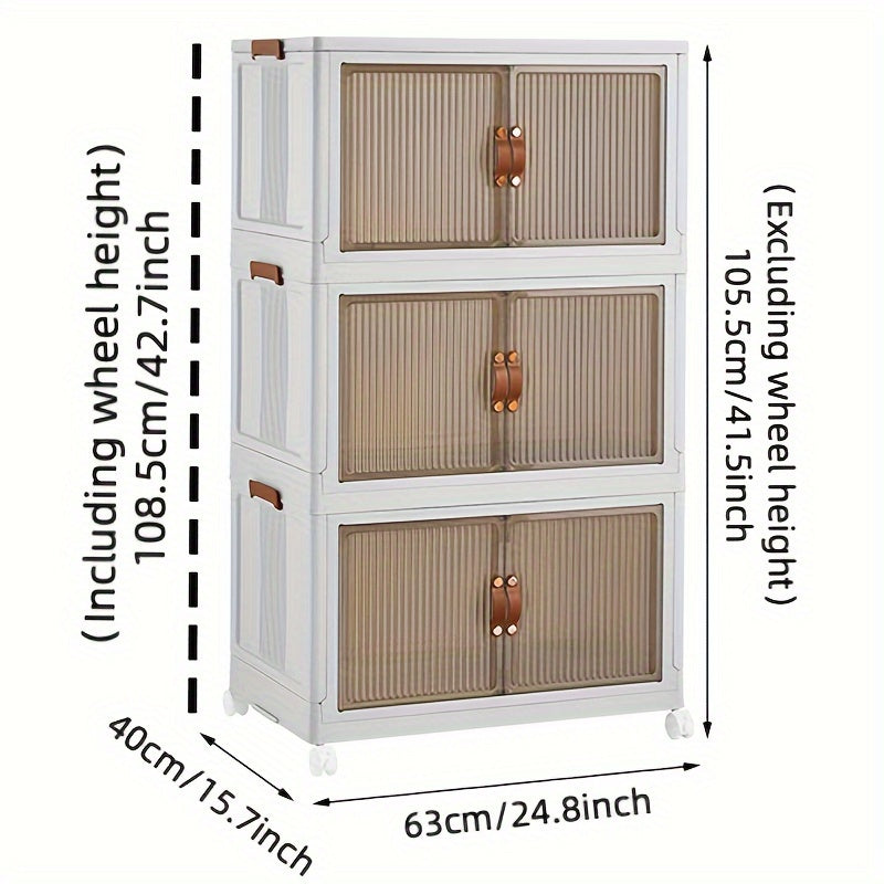 Three-tier storage cabinet with dimensions labeled on a white background