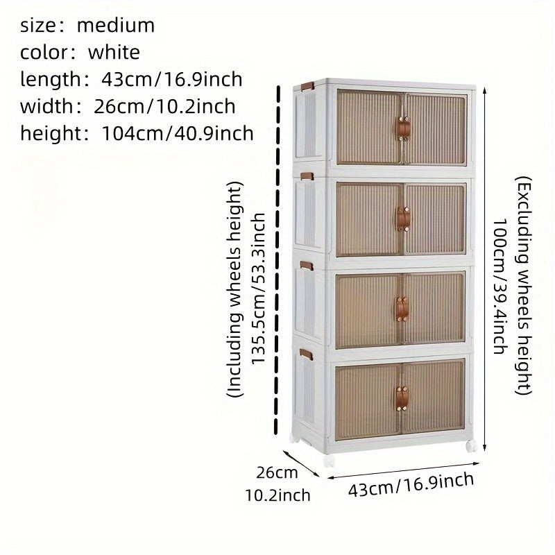 White storage cabinet with rattan doors and dimensions displayed