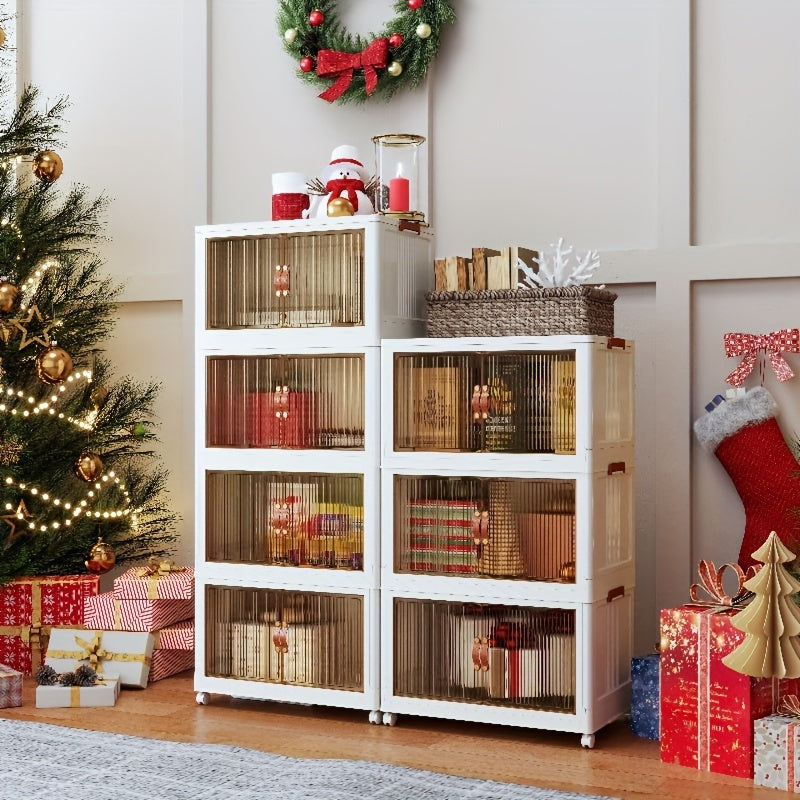 White storage cabinet with decorative items in a festive room with Christmas tree and stockings.