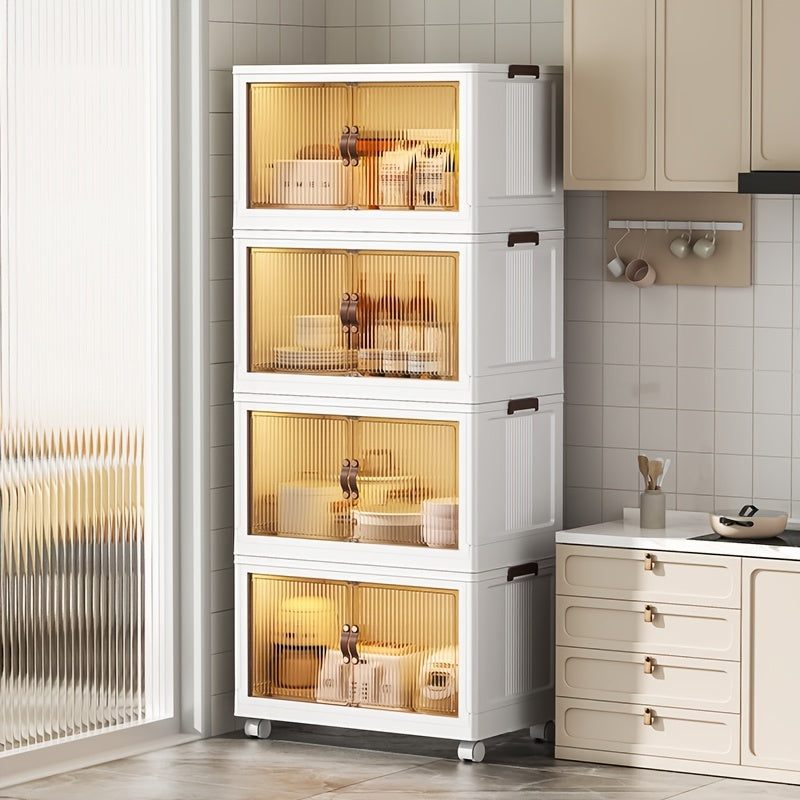 White storage cabinet with glass doors in a kitchen setting