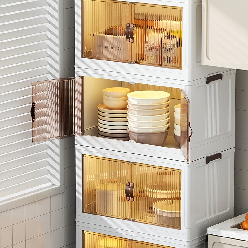 White kitchen cabinet with glass doors displaying stacked plates and bowls.