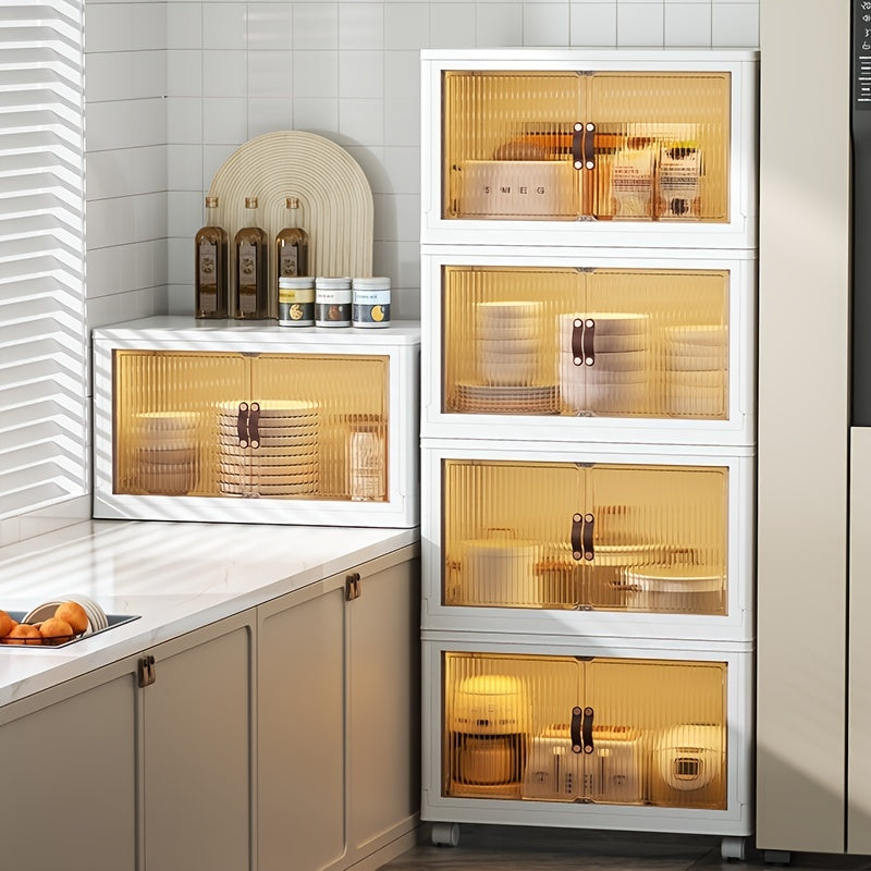 Modern kitchen with a refrigerator and cabinets featuring transparent glass panels.