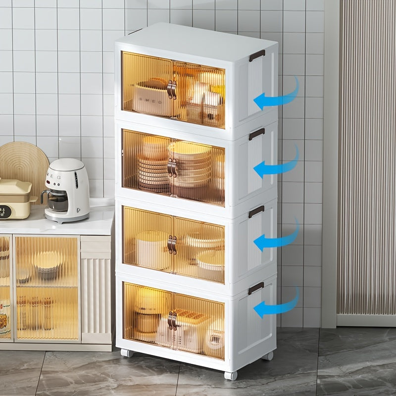 White storage cabinet with glass doors in a kitchen setting, showing air circulation.