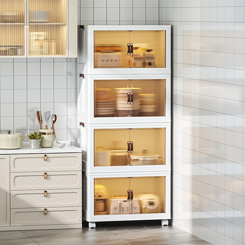 Stackable storage cabinets with glass doors in a kitchen setting