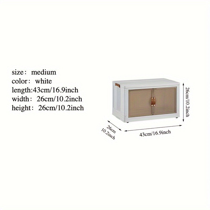 Small white cabinet with wooden doors and dimensions on a white background