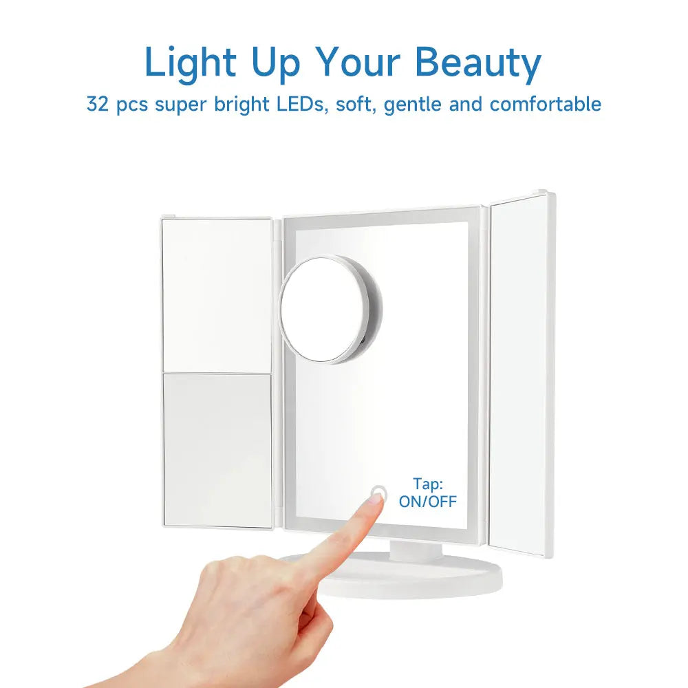 Light-up makeup mirror with 32 super bright LEDs, soft, gentle, and comfortable, on a white background.