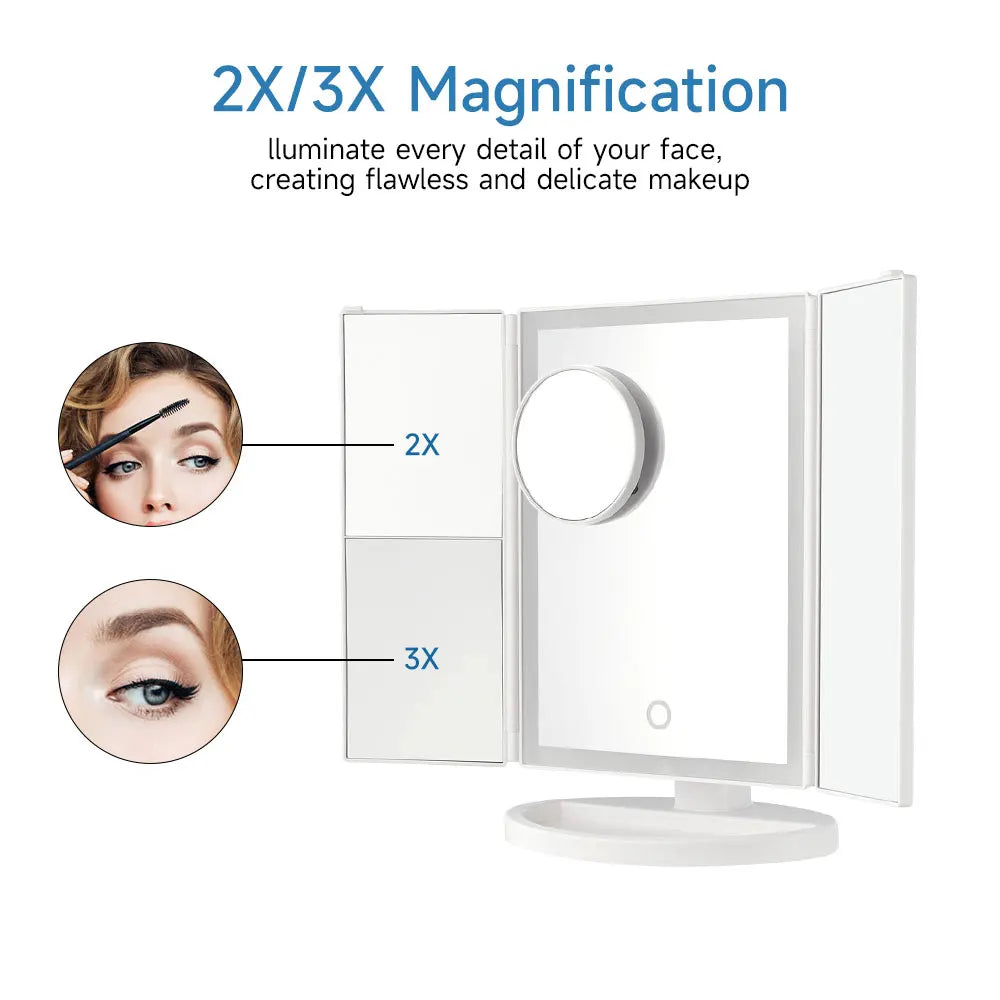 Makeup mirror with 2X/3X magnification features on a white background