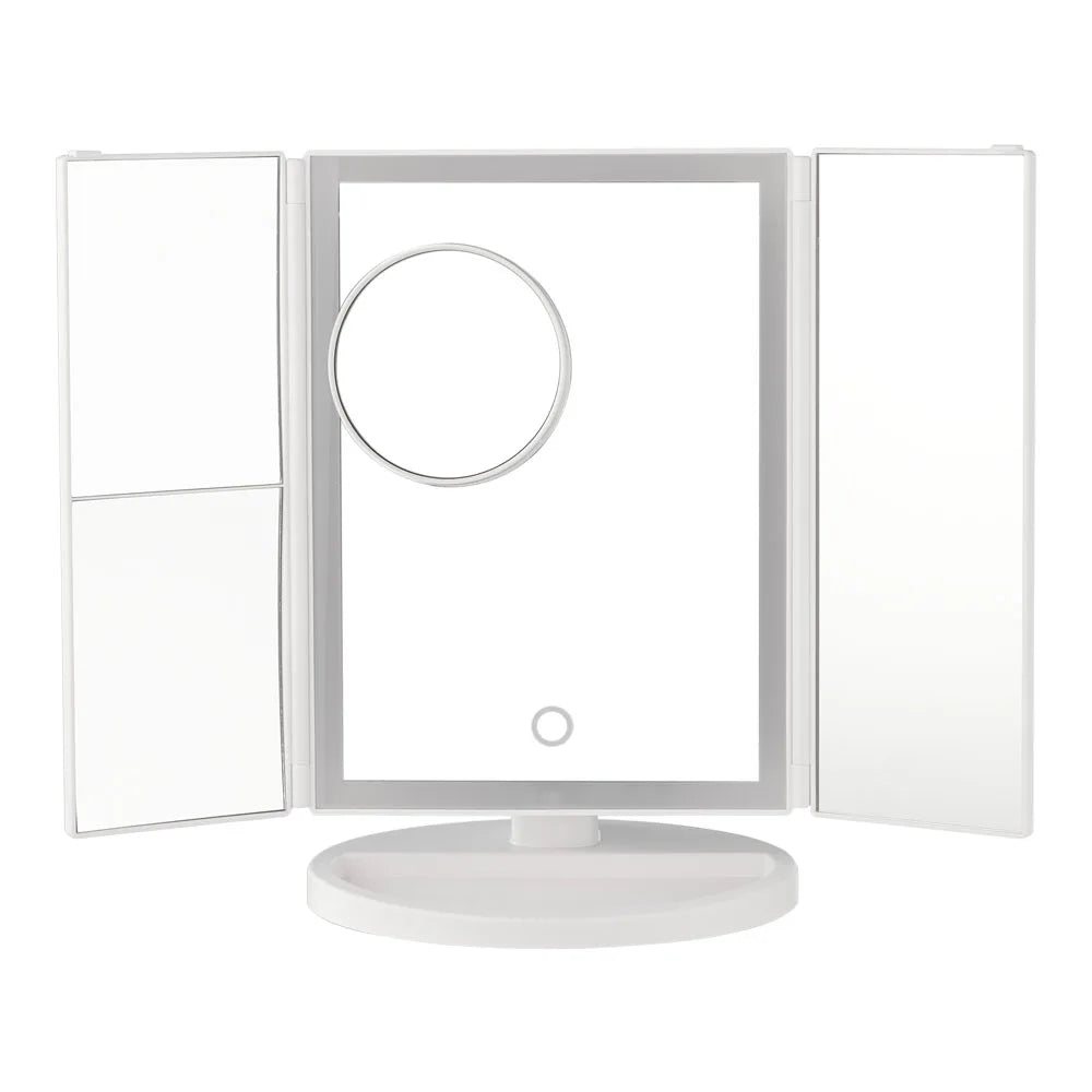 White trifold makeup mirror with a round mirror on a white background